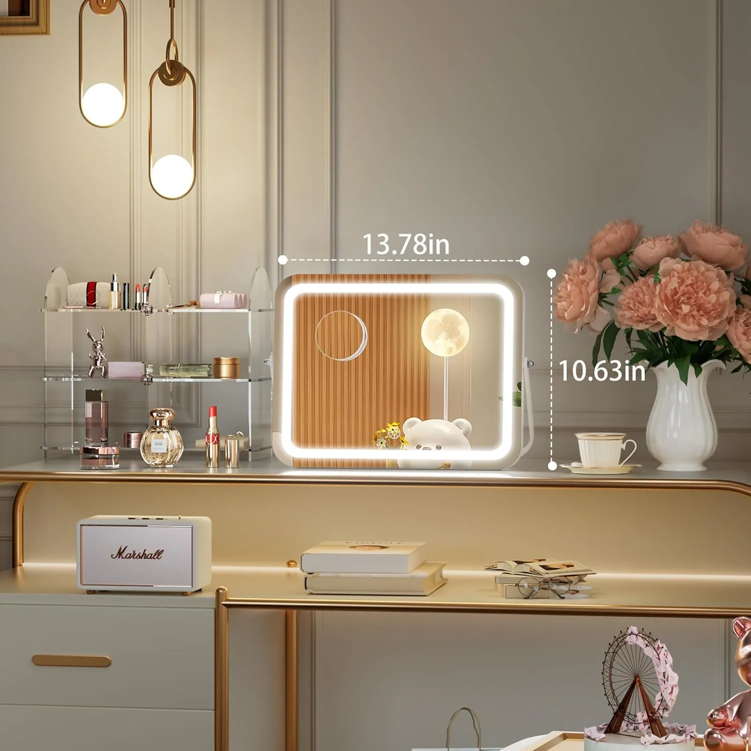 Hasipu LED Makeup Mirror with Bluetooth Speaker, 14" x 10" Vanity Mirror with Lights, 3 Modes Light, Smart Touch Control Dimmable, Rectangle White Frame