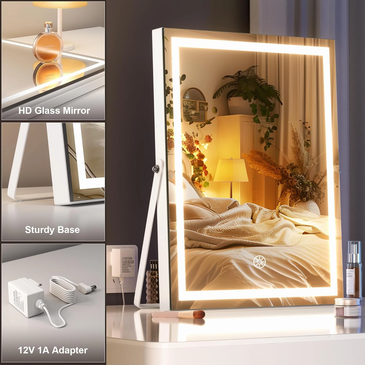 Hasipu Vanity Mirror with Lights and Bluetooth Speaker, 10.6" x 13.8" LED Makeup Mirror with 10X Magnification, Smart Touch 3 Colors Dimmable, Brightness Adjustment, 360° Rotation, White