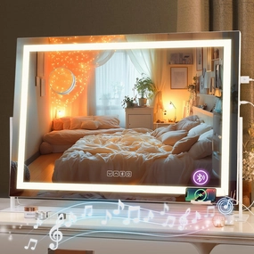Hasipu Vanity Mirror with Lights and Bluetooth Speaker, 29.5" x 21.3" LED Makeup Mirror, Light up Mirror with 10X Magnification, USB Charging Port, Smart Touch 3 Colors Dimmable (White)