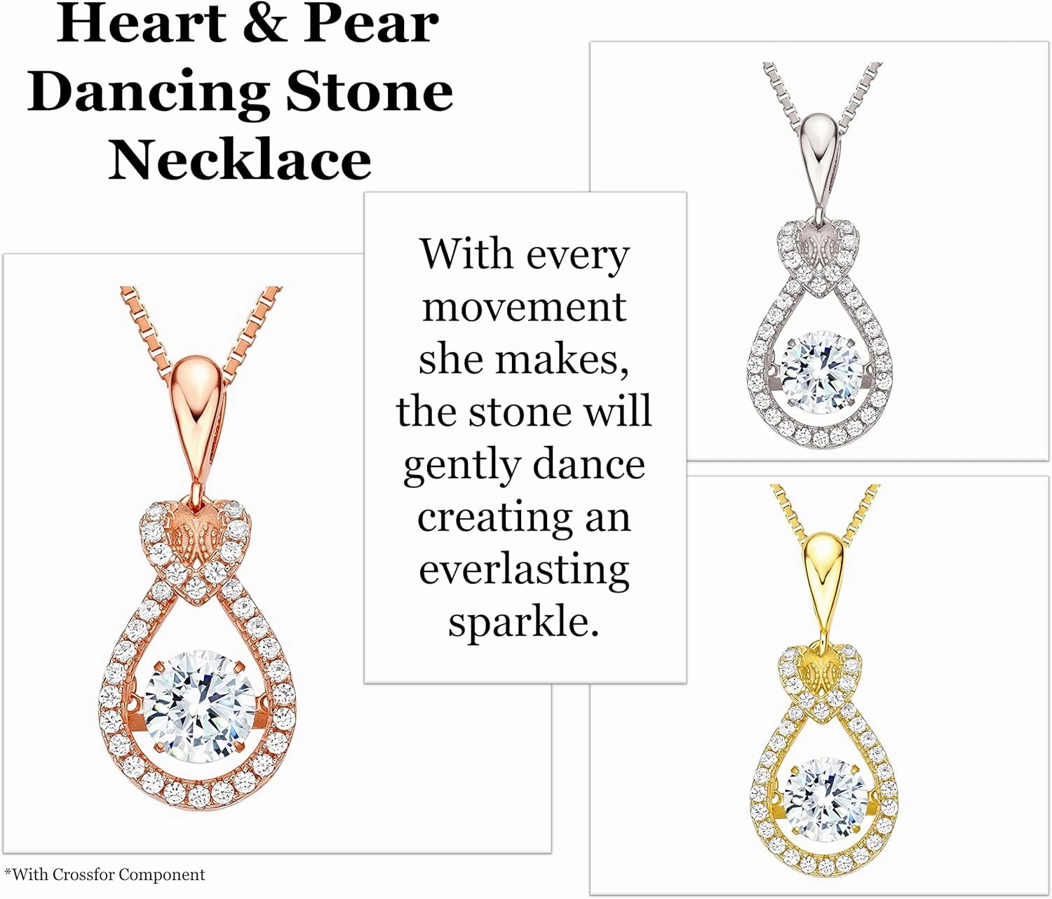 Heart & Pear Dancing Gemstone Necklace for Women 925 Sterling Silver & Pure Brilliance Zirconia