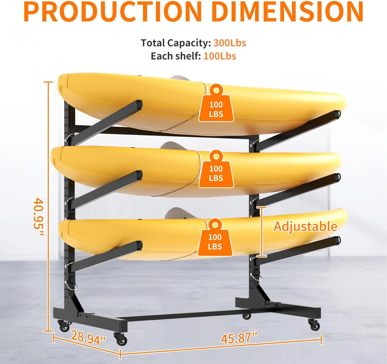 Heavy Duty Freestanding Kayak Storage Rack, Adjustable Metal Stand for Kayaks, Canoes, SUPs & Surfboards with Lockable Wheels, Indoor & Outdoor Use