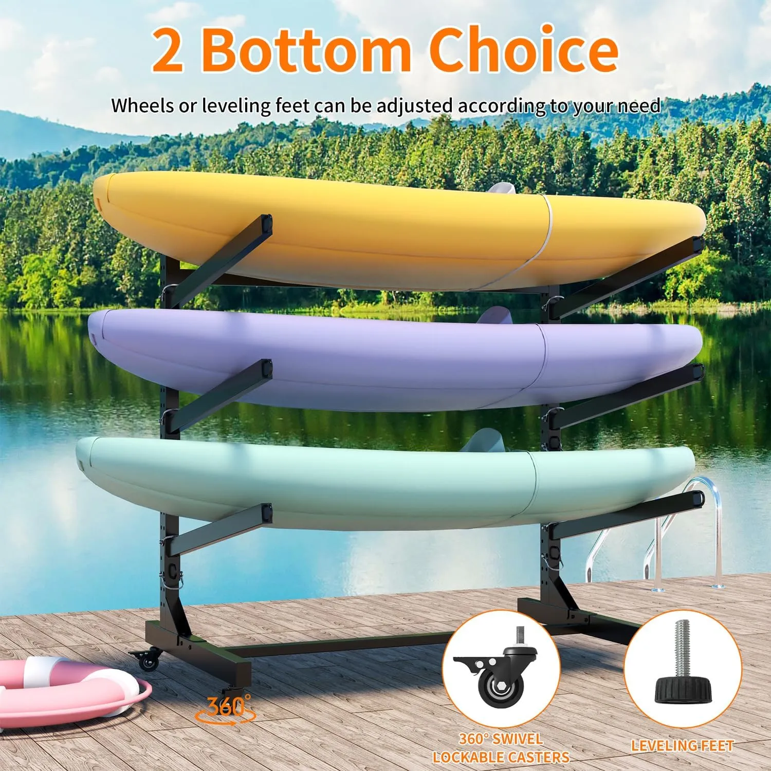 Heavy Duty Freestanding Kayak Storage Rack, Adjustable Metal Stand for Kayaks, Canoes, SUPs & Surfboards with Lockable Wheels, Indoor & Outdoor Use