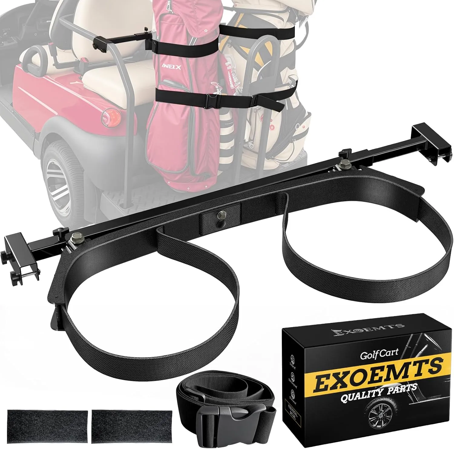 Heavy Duty Upgraded Golf Cart Bag Holder, Adjustable Rear Seat Bracket for 2 2 Golf Cart with 1" Square Tube, No Drilling Bag Holder Attachment for Club Car, EZGO, Yamaha, Include Hook & Loop