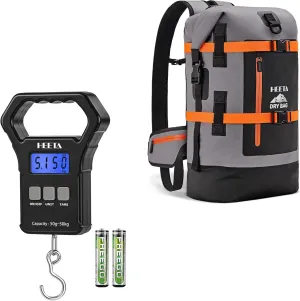 HEETA Fish Scale Up to 110lb/50kg, 2 AAA Batteries Included (Black) Bundled with Waterproof Dry Bags Backpack (Black 40L)