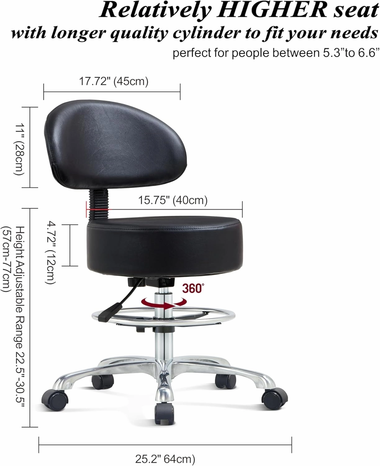 Height Adjustable Rolling Shop Stool with Back Support - Kitchen Stool with Wheels Heavy Duty Stool with Back for Salon,Spa,Massage,Tattoo,Esthetician – Rolling Stool Extra Thick for Extreme Comfort