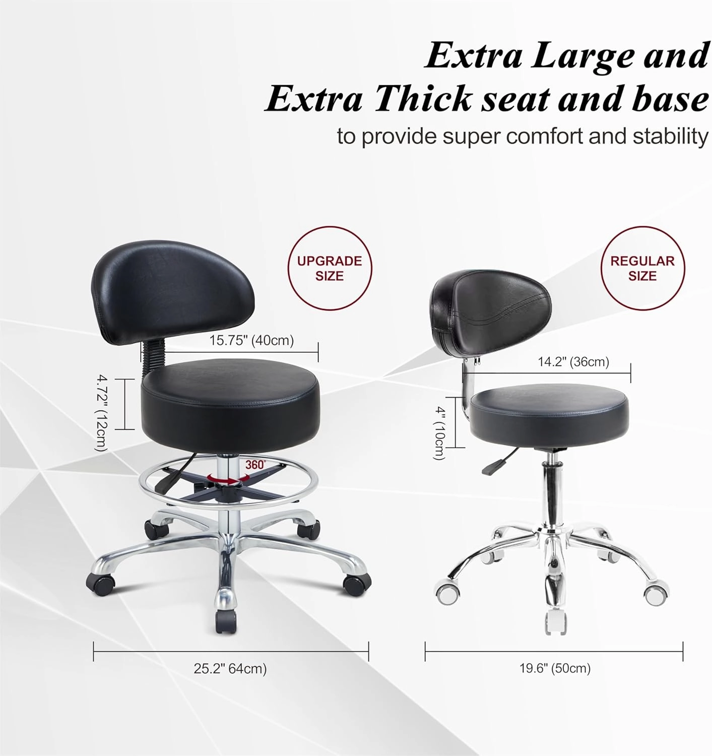 Height Adjustable Rolling Shop Stool with Back Support - Kitchen Stool with Wheels Heavy Duty Stool with Back for Salon,Spa,Massage,Tattoo,Esthetician – Rolling Stool Extra Thick for Extreme Comfort