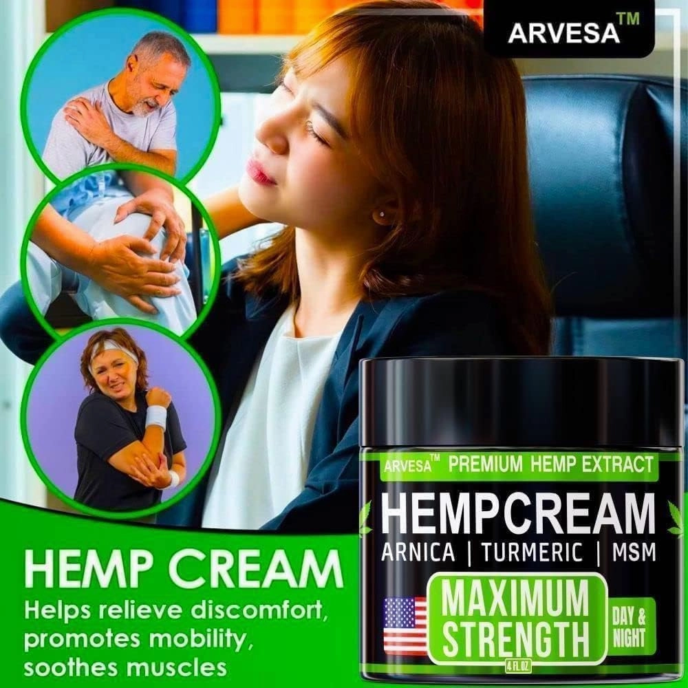 Hemp Cream Maximum Strength - Soothing Relief for Back, Neck, Feet & Nerves, Hands, Muscle and Joint Support - All-Natural Formula - Hemp Oil Gel Rub with MSM - Glucosamine, Turmeric, Arnica - 4 FL OZ
