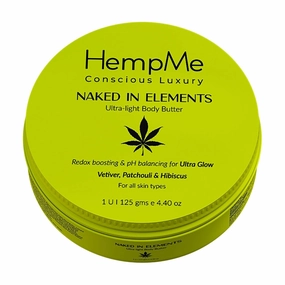 HempMe Naked in Elements Ultra-light Body Butter 99% Natural with Hemp Oil, Patchouli, Hibiscus & Hyaluronic Acid, Redox Boosting, pH Balanced, Fades Pigmentation, Enhances Glow, Skin Firming | 125 G