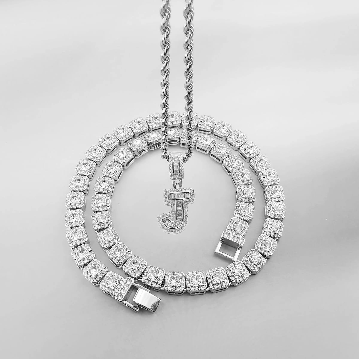 HH BLING EMPIRE Silver Iced Out Cubic Zirconia Diamond Initial Letter Pendant Chain Necklaces, A Pendant Rope and Baguette Tennis Chains | 2 Pcs Necklace Sets