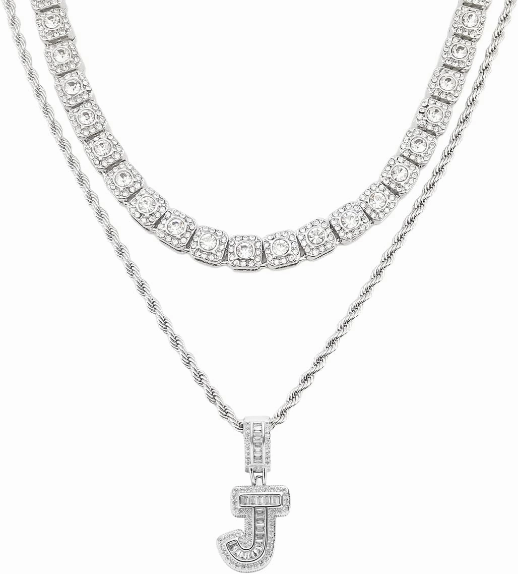 HH BLING EMPIRE Silver Iced Out Cubic Zirconia Diamond Initial Letter Pendant Chain Necklaces, A Pendant Rope and Baguette Tennis Chains | 2 Pcs Necklace Sets