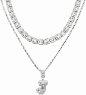 HH BLING EMPIRE Silver Iced Out Cubic Zirconia Diamond Initial Letter Pendant Chain Necklaces, A Pendant Rope and Baguette Tennis Chains | 2 Pcs Necklace Sets