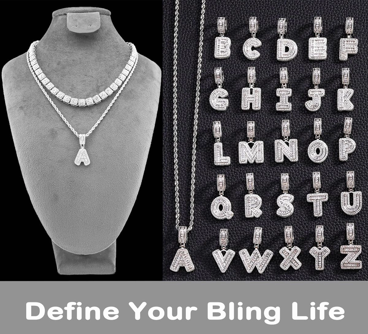 HH BLING EMPIRE Silver Iced Out Cubic Zirconia Diamond Initial Letter Pendant Chain Necklaces, A Pendant Rope and Baguette Tennis Chains | 2 Pcs Necklace Sets