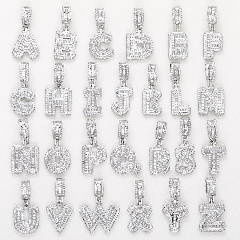 HH BLING EMPIRE Silver Iced Out Cubic Zirconia Diamond Initial Letter Pendant Chain Necklaces, A Pendant Rope and Baguette Tennis Chains | 2 Pcs Necklace Sets