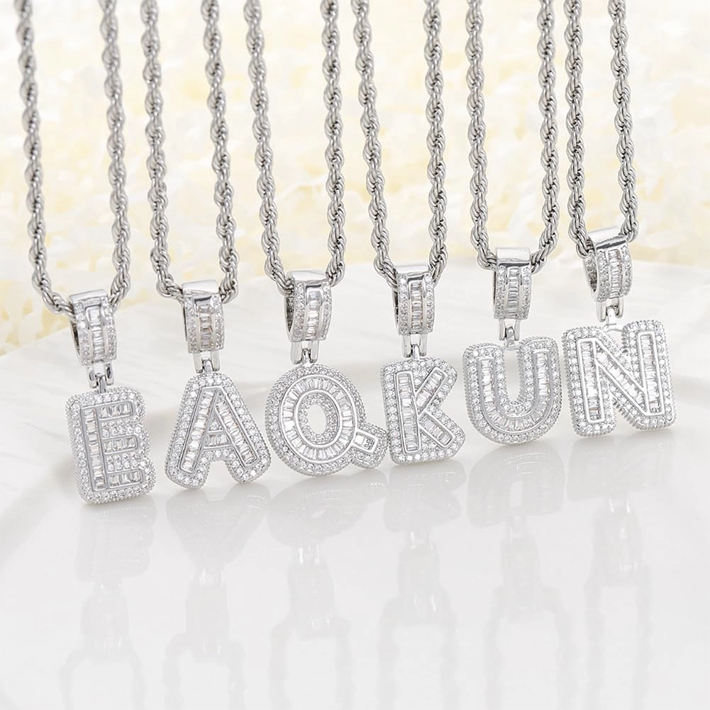 HH BLING EMPIRE Silver Iced Out Cubic Zirconia Diamond Initial Letter Pendant Chain Necklaces, A Pendant Rope and Baguette Tennis Chains | 2 Pcs Necklace Sets