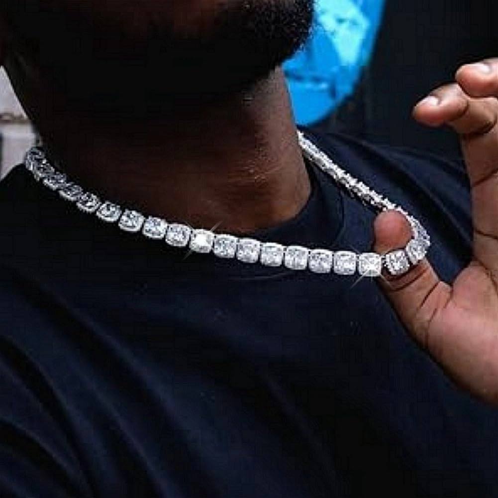HH BLING EMPIRE Silver Iced Out Cubic Zirconia Diamond Initial Letter Pendant Chain Necklaces, A Pendant Rope and Baguette Tennis Chains | 2 Pcs Necklace Sets