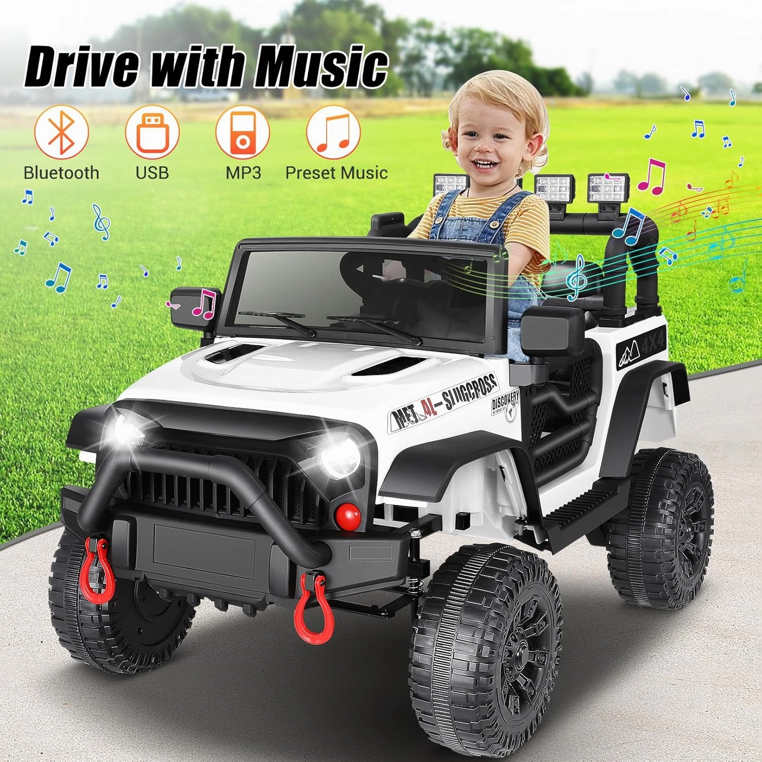 Hikole Kids Electric Cars, 12V Ride On Toys with Remote Control, Safety Belt, High/Low Speed, Bluetooth, Music, Dual Doors, Battery Power Car Wheels for Boys Girls, White