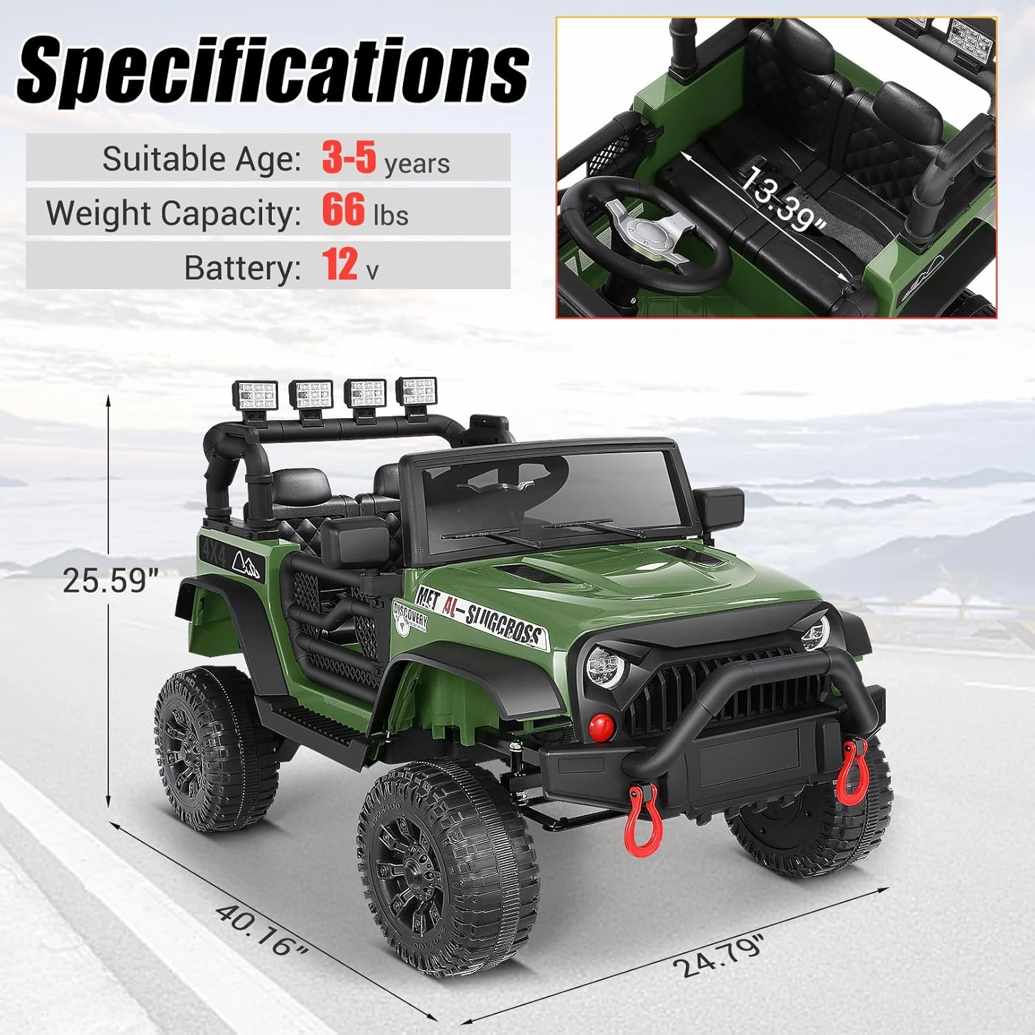 Hikole Kids Ride on Car with Parent Remote Control, 12V Electric Battery Operated Car for Kids w/LED Lights, Bluetooth, Music, 3 Speeds, Soft Start, 12 Volt Ride on Toys for Toddler, Green
