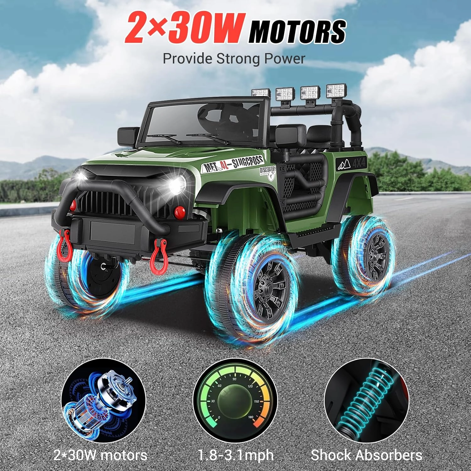 Hikole Kids Ride on Car with Parent Remote Control, 12V Electric Battery Operated Car for Kids w/LED Lights, Bluetooth, Music, 3 Speeds, Soft Start, 12 Volt Ride on Toys for Toddler, Green