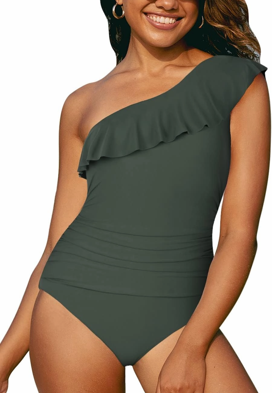 Hilor Women's One Piece Swimsuits Tummy Control Bathing Suits Asymmetric One Shoulder Swimwear