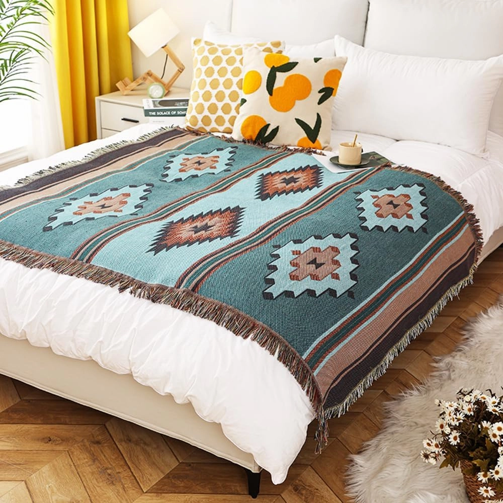 Homesy Boho Throw Blankets Southwestern Bed Throws Cover Reversible Green Aztec Southwest Blanket for Couch Chair Sofa Home Outdoor Beach Car Tent Travel Camping 51"x63"