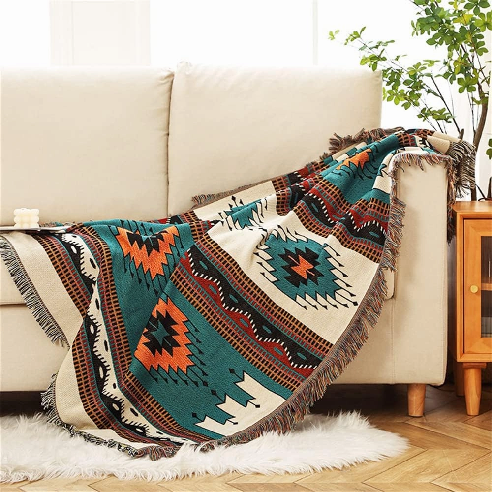 Homesy Boho Throw Blankets Southwestern Bed Throws Cover Reversible Green Aztec Southwest Blanket for Couch Chair Sofa Home Outdoor Beach Car Tent Travel Camping 63"x87"