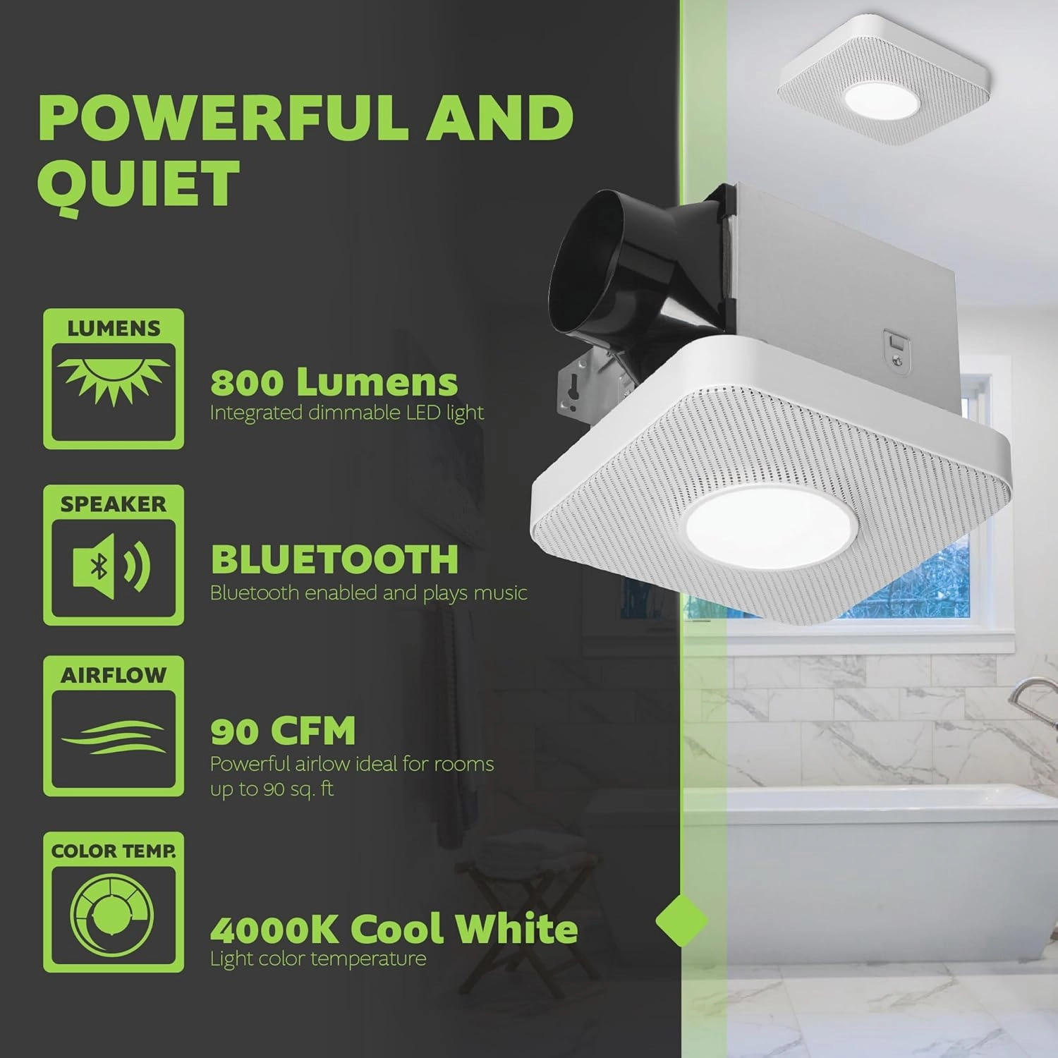 Homewerks 7130-40-BT DC Bathroom Fan with Light and Bluetooth Speaker 90-CFM 1.2 Sones White Easy Install, 4000 Kelvin Cool White Light