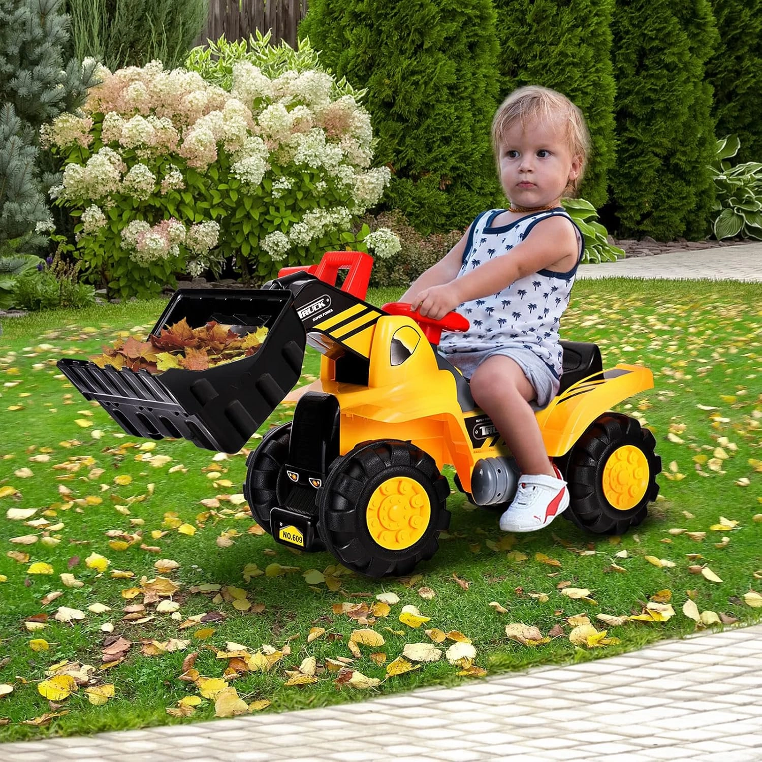 HONEY JOY Electric Ride on Push Car, 6V Toddler Bulldozer Digger w/Balls & Basketball Hoop, Outdoor Digging Scoop, Flexible Bucket, Ride on Excavator Construction Vehicle for Kids