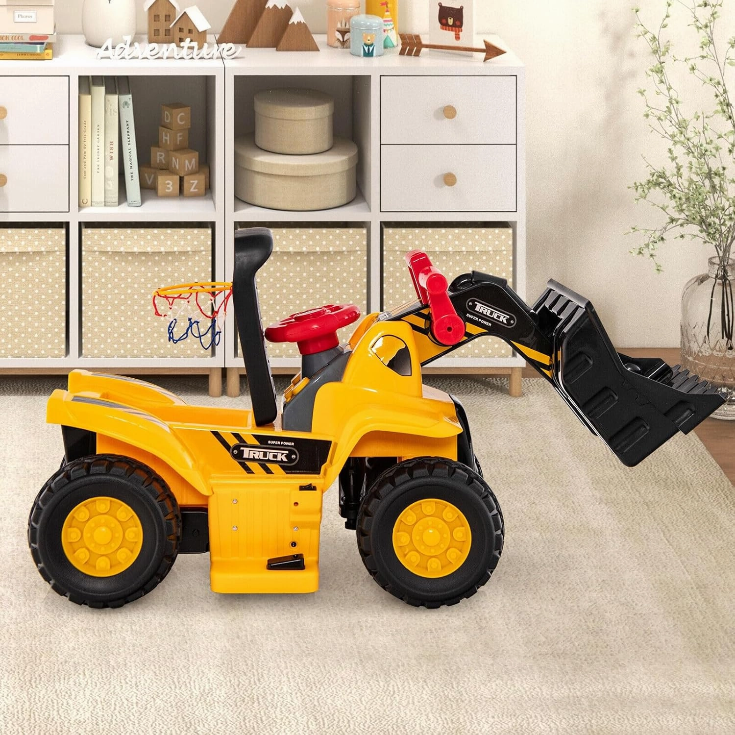 HONEY JOY Electric Ride on Push Car, 6V Toddler Bulldozer Digger w/Balls & Basketball Hoop, Outdoor Digging Scoop, Flexible Bucket, Ride on Excavator Construction Vehicle for Kids