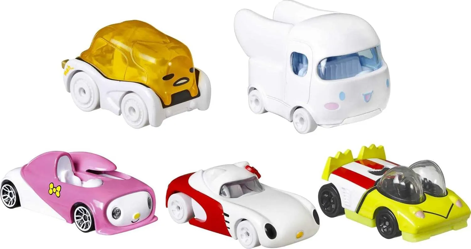 Hot Wheels Sanrio Toy Character Car 5-Pack in 1:64 Scale: Hello Kitty, Keroppi, Gudetama, Cinnamaroll & My Melody, Set for Kids & Collectors