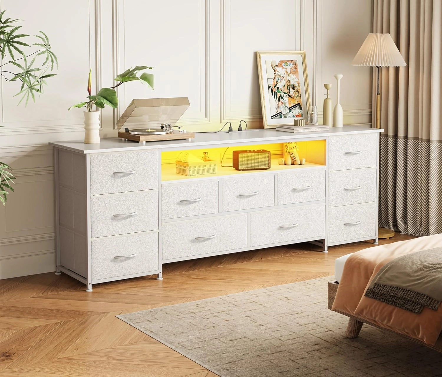 Huuger 63 Inch TV Stand for 65, 70 Inch TV, 11 Drawer Long Dresser with Power Outlets and LED Lights, Entertainment Center with Storage, White Dresser with PU Leather Surface