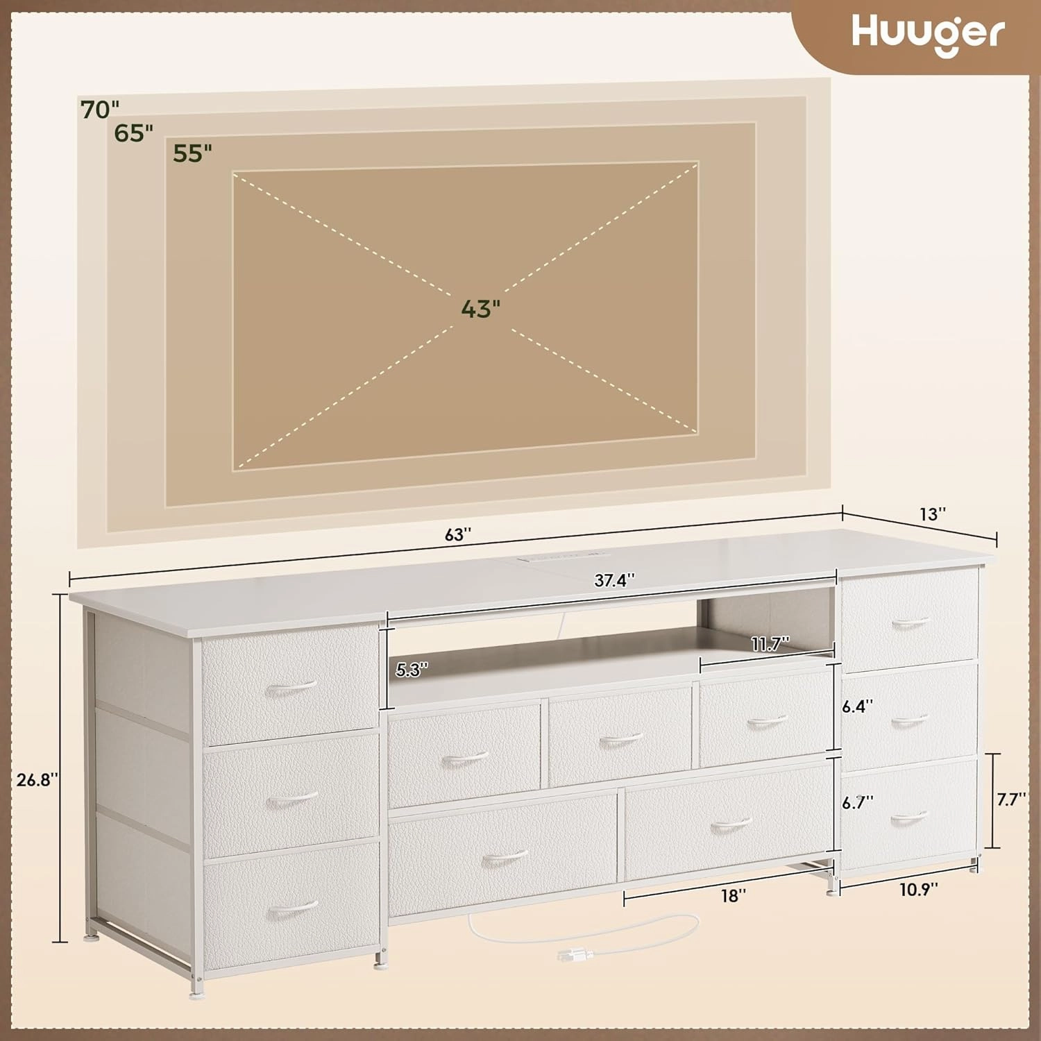 Huuger 63 Inch TV Stand for 65, 70 Inch TV, 11 Drawer Long Dresser with Power Outlets and LED Lights, Entertainment Center with Storage, White Dresser with PU Leather Surface