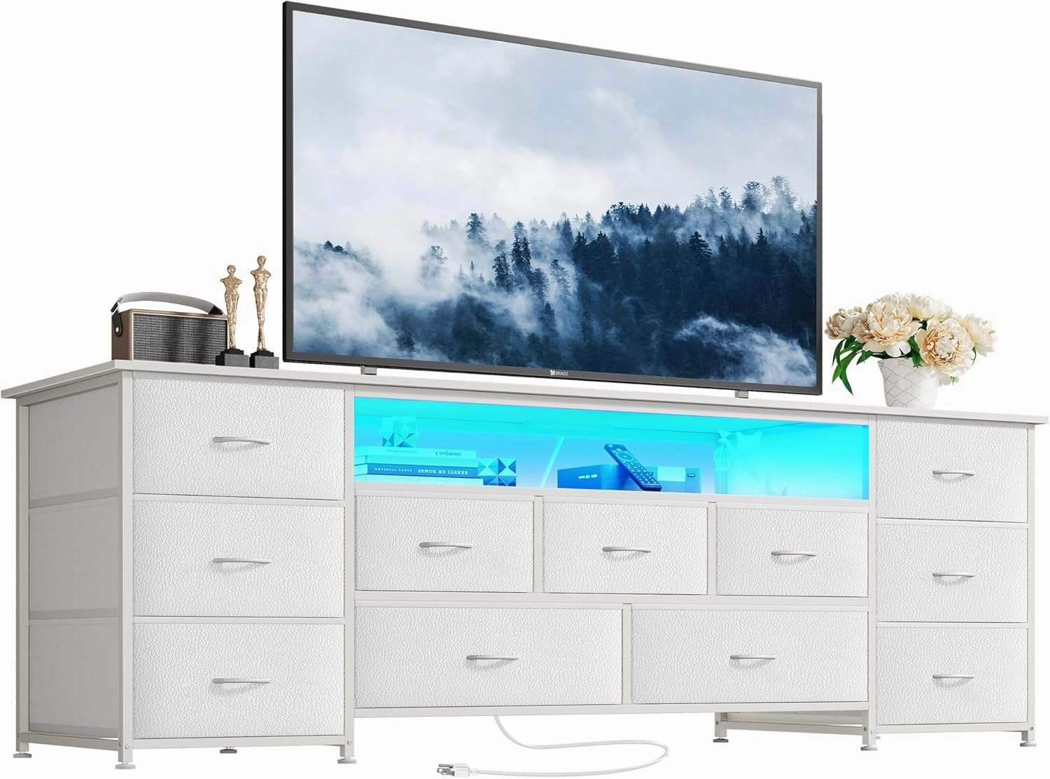 Huuger 63 Inch TV Stand for 65, 70 Inch TV, 11 Drawer Long Dresser with Power Outlets and LED Lights, Entertainment Center with Storage, White Dresser with PU Leather Surface