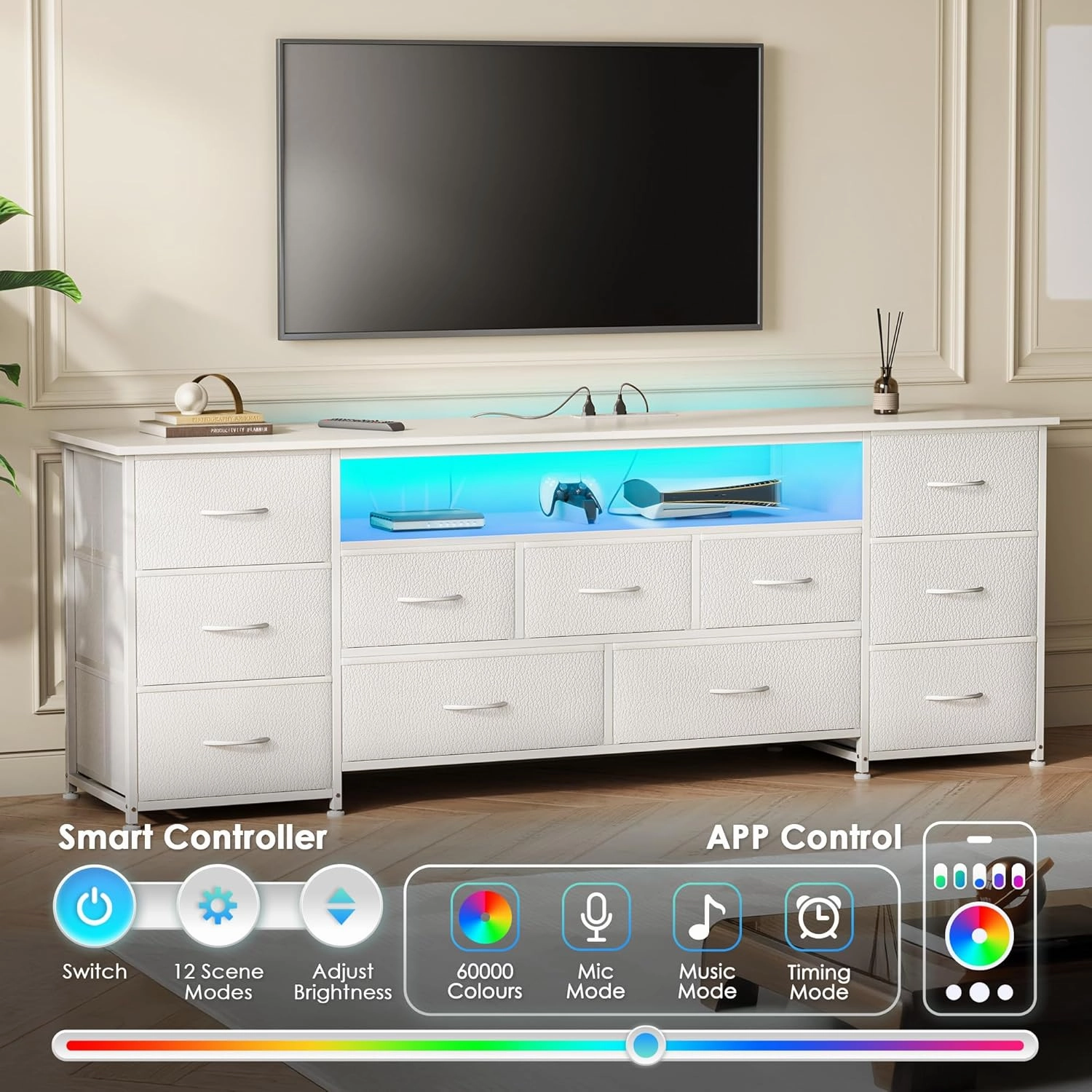 Huuger 63 Inch TV Stand for 65, 70 Inch TV, 11 Drawer Long Dresser with Power Outlets and LED Lights, Entertainment Center with Storage, White Dresser with PU Leather Surface