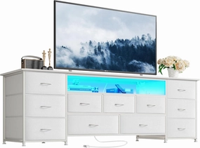 Huuger 63 Inch TV Stand for 65, 70 Inch TV, 11 Drawer Long Dresser with Power Outlets and LED Lights, Entertainment Center with Storage, White Dresser with PU Leather Surface