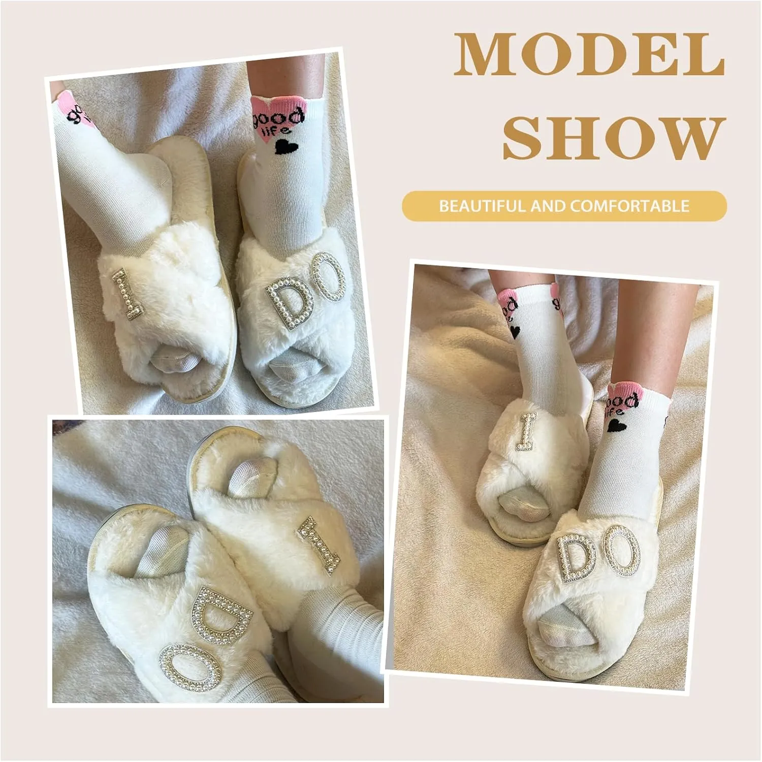 I Do Slippers With Bride Letter Makeup Open Toe Slippers For Women's Wedding Slippers Fuzzy Soft House Slippers For Bachelorette Party