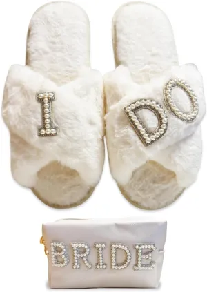 I Do Slippers With Bride Letter Makeup Open Toe Slippers For Women's Wedding Slippers Fuzzy Soft House Slippers For Bachelorette Party