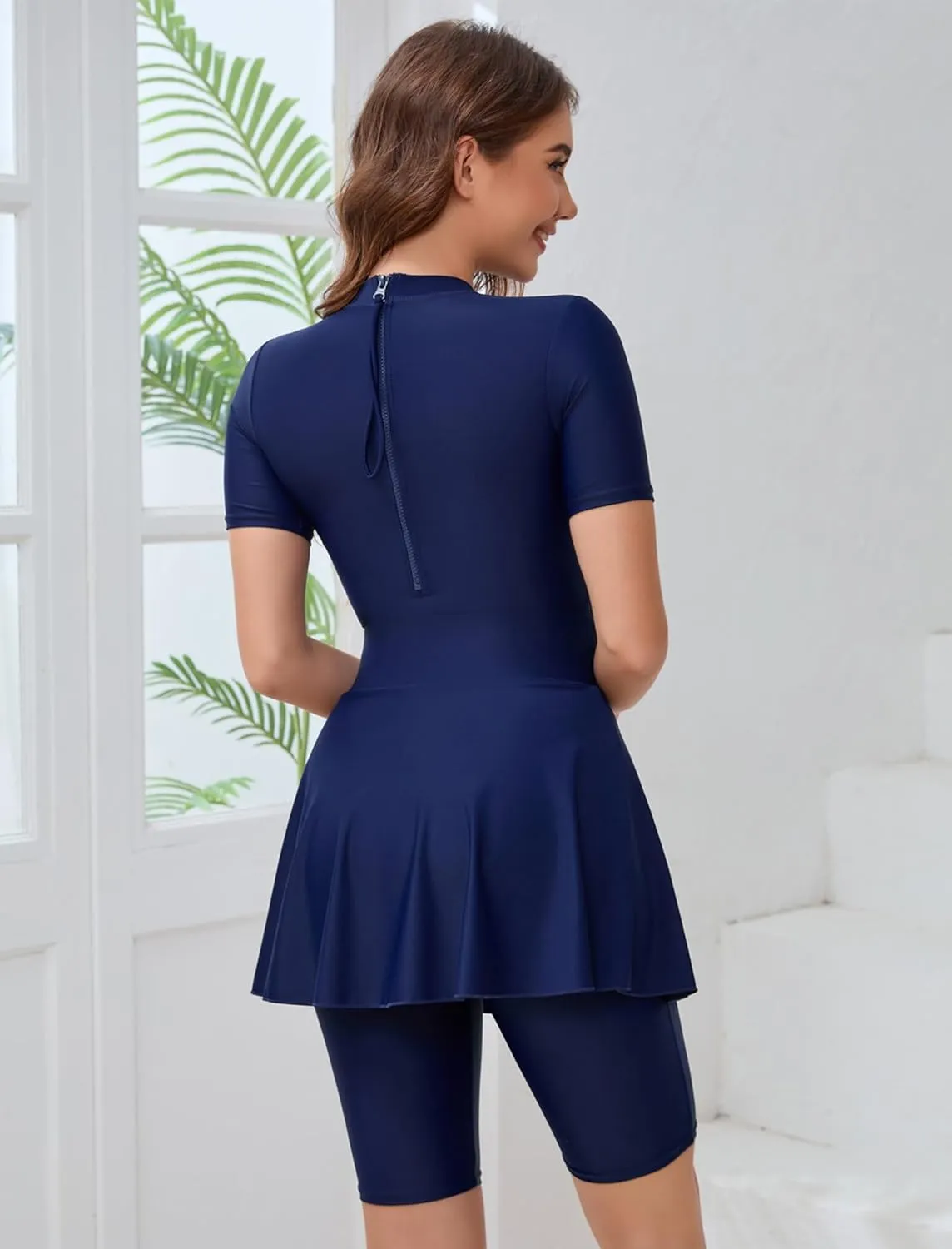 IBAKOM Muslim Burkini for Women 4 Pieces Short Sleeve Swim Shirt Swim Short Swim Skirt Modest Islamic Swimsuit with Sarong