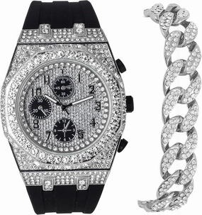 ICE STAR Men's 43mm Luxury Iced Diamond Octagon Watch & Bracelet Set - Silicone Band