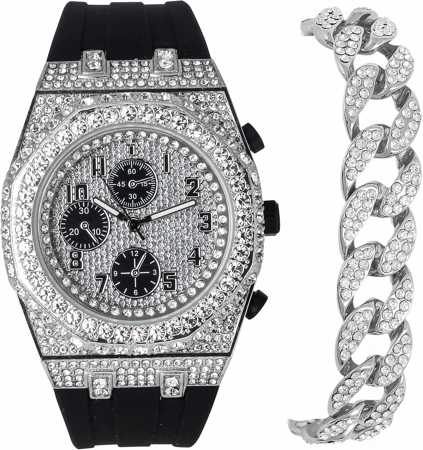 ICE STAR Men's 43mm Luxury Iced Diamond Octagon Watch & Bracelet Set - Silicone Band