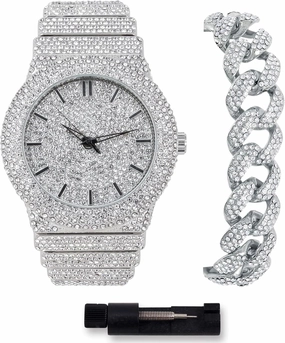 ICE STAR Men's 46mm Fully Iced Out Diamond Watch & Bracelet Set