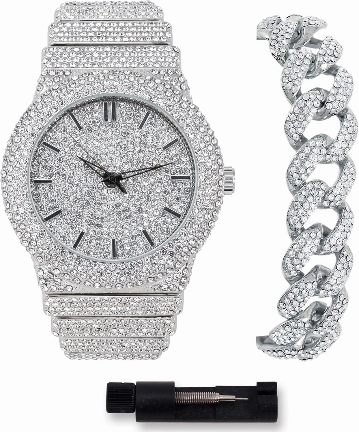ICE STAR Men's 46mm Fully Iced Out Diamond Watch & Bracelet Set
