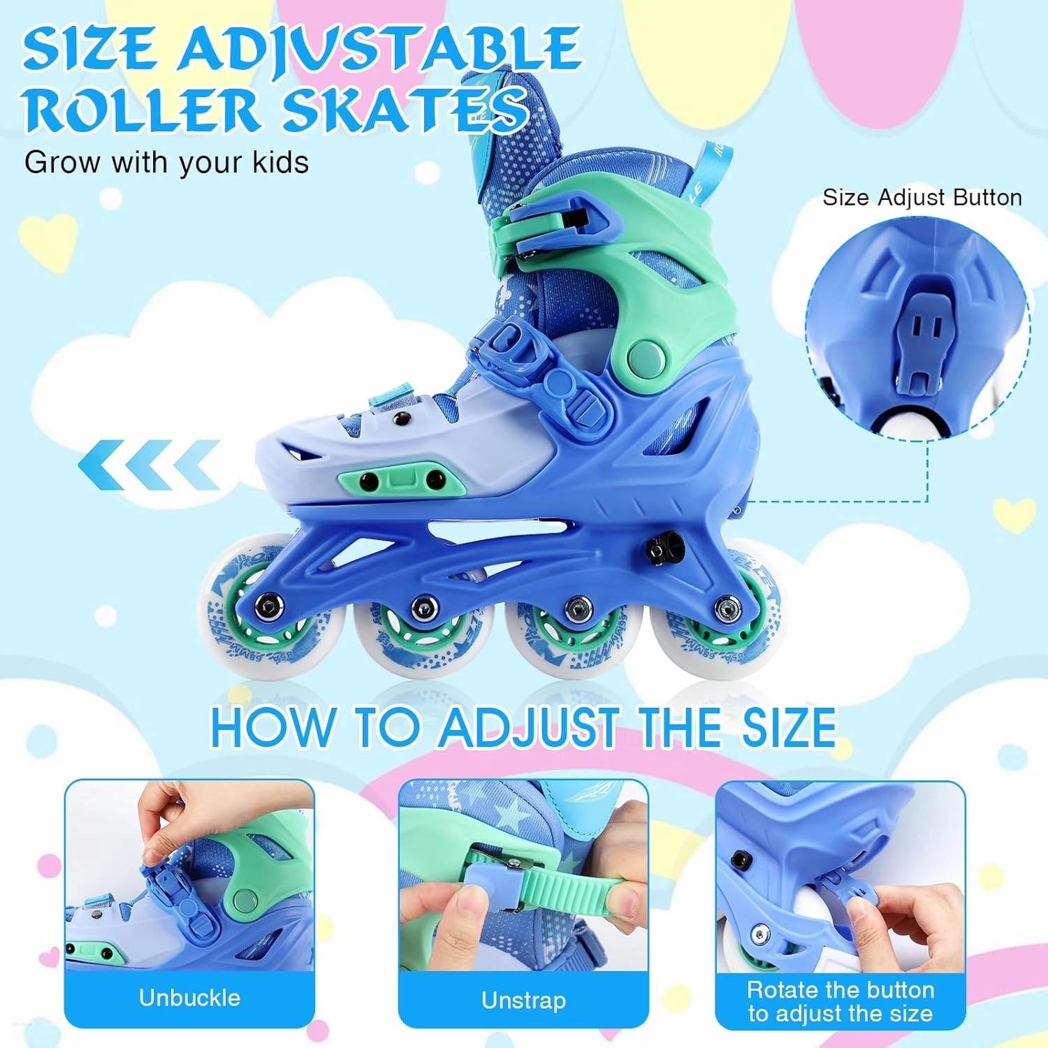 Inline Skates with Hockey Sticks and Balls Set, Size Adjustable Inline Skates for Kids, Teens