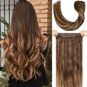 Invisible Wire Hair Extensions Real Human Hair-Smilco Balayage Dark Brown to Chestnut Brown 20 Inch 100g Hair Extension Invisible Natural Straight Hairpiece With Transparent Fish Line Hair Wire