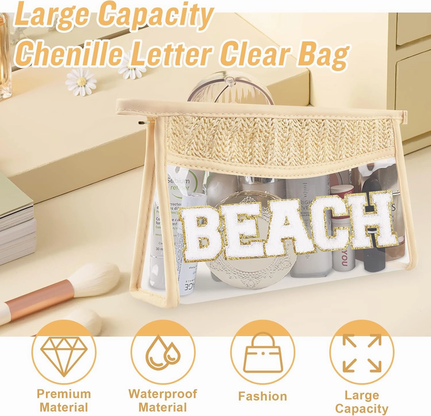 Iqimott 2 Clear Patch Makeup Bags, Boho Beach Swim Waterproof Zipper Toiletry Pouch for Women Girls, Clear Letter Patch Cosmetic Bag for Travel