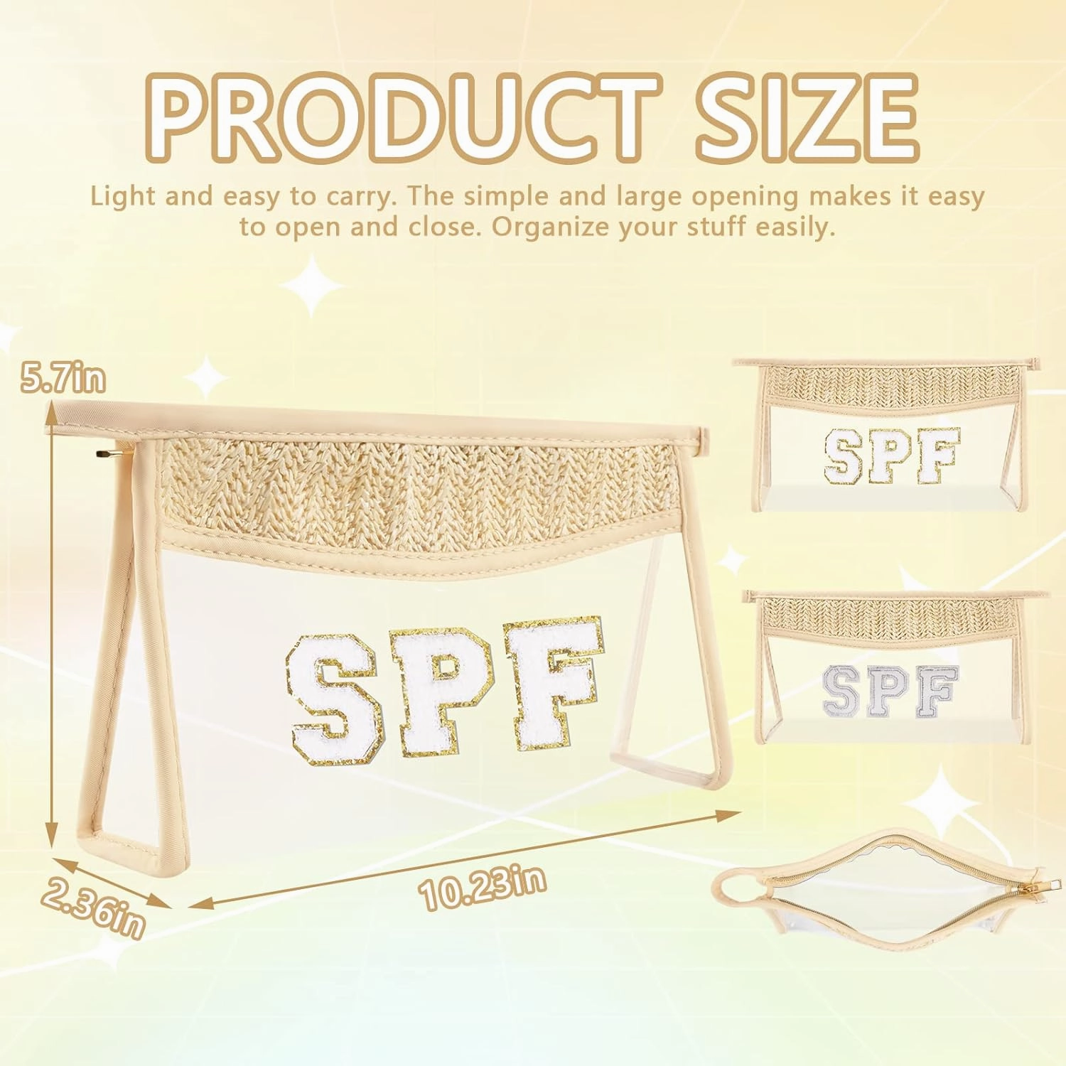 Iqimott 2Pcs Boho Patch SPF Bag Clear Letter Sun Bag, Waterproof Zipper Makeup Bag Toiletry Pouch for Women Girls, Clear Letter Patch Cosmetic Bag Transparent Organizer Pouch for Travel(SPF, Sun)