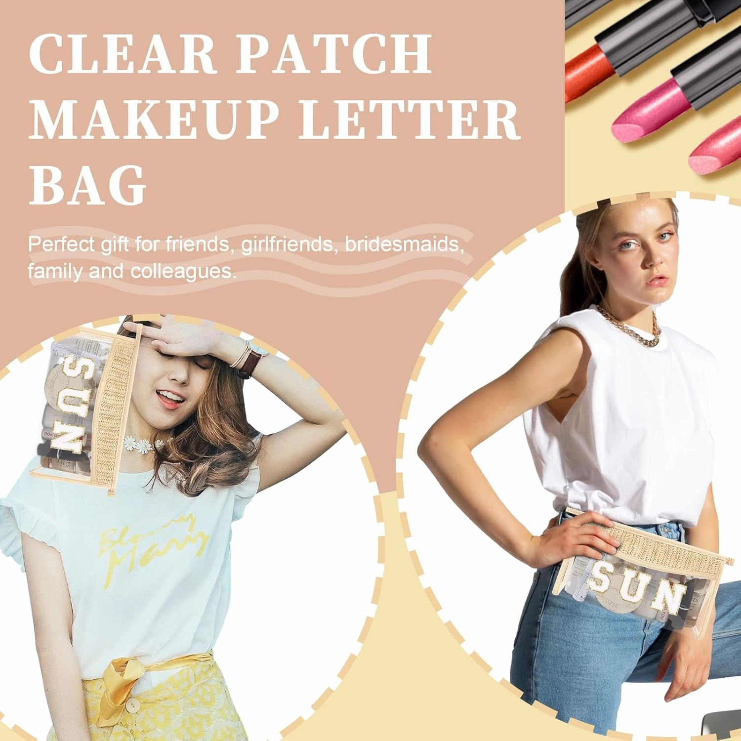 Iqimott 2Pcs Boho Patch SPF Bag Clear Letter Sun Bag, Waterproof Zipper Makeup Bag Toiletry Pouch for Women Girls, Clear Letter Patch Cosmetic Bag Transparent Organizer Pouch for Travel(SPF, Sun)