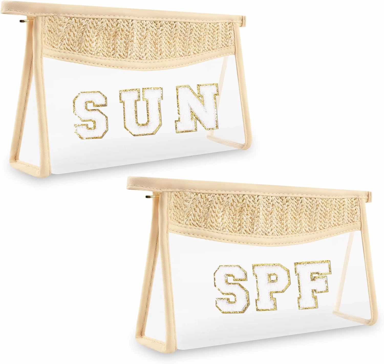 Iqimott 2Pcs Boho Patch SPF Bag Clear Letter Sun Bag, Waterproof Zipper Makeup Bag Toiletry Pouch for Women Girls, Clear Letter Patch Cosmetic Bag Transparent Organizer Pouch for Travel(SPF, Sun)