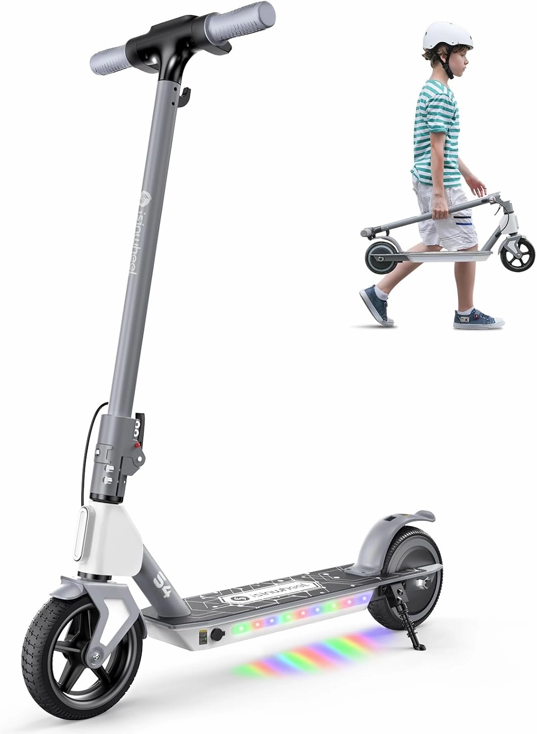 isinwheel S4 Electric Scooter for Kids Ages 6-14, 200W Foldable Kids Electric Scooter with 3 Speeds (5/8/12 Mph), LED Display, Colorful Lights, Gift for Kid