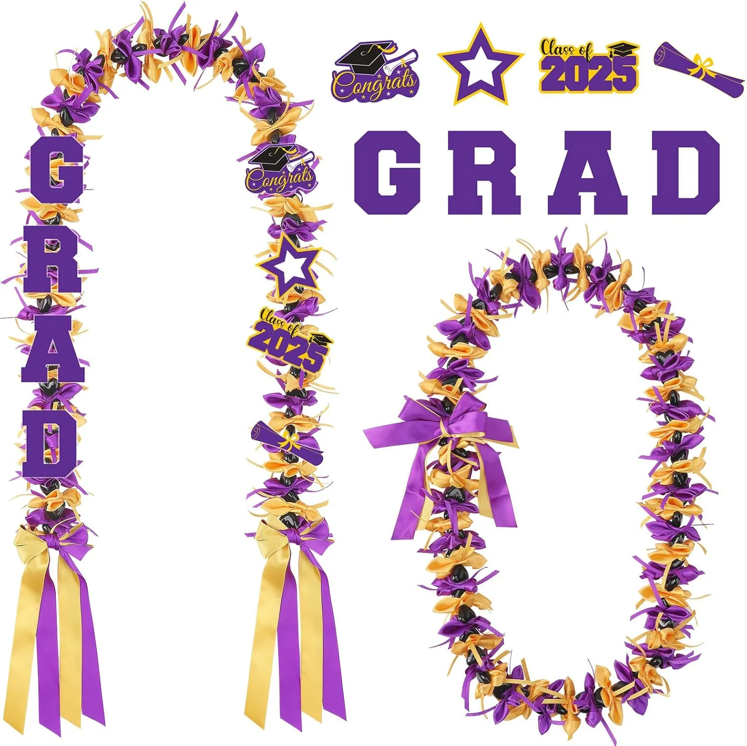 Jansun Graduation Lei Graduation Ribbon Leis Graduation Kukui Nut Leis Purple and Gold Braided Lei Honor Cord Class of 2025 College Gift Congrats Grad Party Supplies