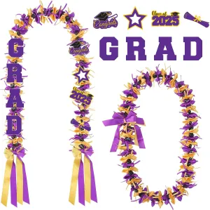 Jansun Graduation Lei Graduation Ribbon Leis Graduation Kukui Nut Leis Purple and Gold Braided Lei Honor Cord Class of 2025 College Gift Congrats Grad Party Supplies
